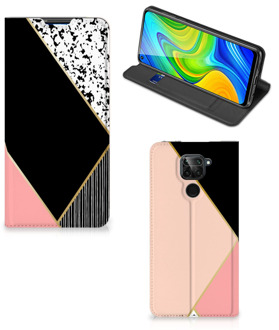 B2Ctelecom Bookcase Hoesje Xiaomi Redmi Note 9 Smart Cover Black Pink Shapes