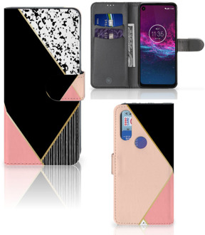 B2Ctelecom Bookcase Motorola One Action Zwart Roze Vormen