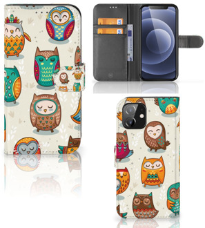 B2Ctelecom Bookcover Case iPhone 12 | 12 Pro (6.1") Telefoonhoesje Vrolijke Uilen