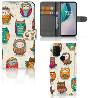 B2Ctelecom Bookcover Case OnePlus Nord N10 Telefoonhoesje Vrolijke Uilen