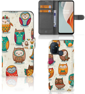 B2Ctelecom Bookcover Case OnePlus Nord N100 Telefoonhoesje Vrolijke Uilen