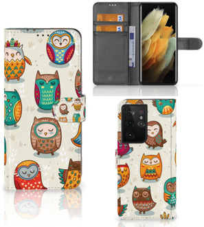 B2Ctelecom Bookcover Case Samsung Galaxy S21 Ultra Telefoonhoesje Vrolijke Uilen