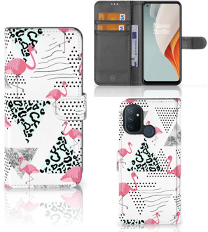 B2Ctelecom Bookstyle Case OnePlus Nord N100 Telefoonhoesje Personaliseren Flamingo Triangle