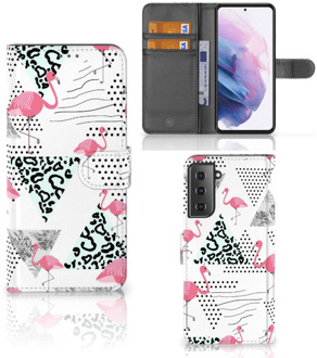 B2Ctelecom Bookstyle Case Samsung Galaxy S21 Plus Telefoonhoesje Personaliseren Flamingo Triangle