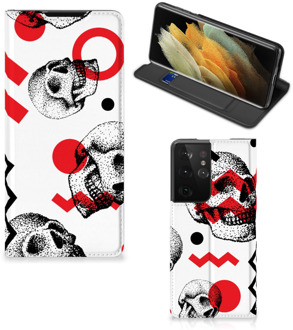 B2Ctelecom Bookstyle Case Samsung Galaxy S21 Ultra Smart Cover Skull Red