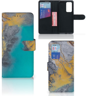 B2Ctelecom Flip Case Huawei P40 Pro Hoesje Marble Blue Gold