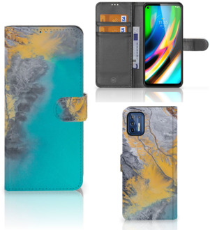 B2Ctelecom Flip Case Motorola Moto G9 Plus Hoesje Marble Blue Gold