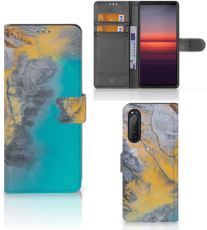 B2Ctelecom Flip Case Sony Xperia 5II Hoesje Marble Blue Gold