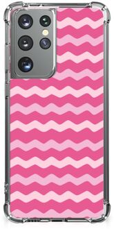 B2Ctelecom Foto hoesje Samsung Galaxy S21 Ultra Smartphone hoesje met doorzichtige rand Waves Pink