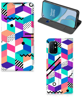 B2Ctelecom GSM Hoesje Gepersonaliseerd Cadeau OnePlus 8T Wallet Case Blokken Kleurrijke