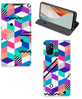 B2Ctelecom GSM Hoesje Gepersonaliseerd Cadeau OnePlus Nord N100 Wallet Case Blokken Kleurrijke