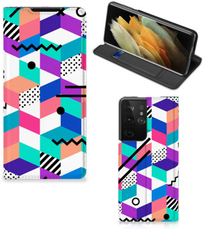 B2Ctelecom GSM Hoesje Gepersonaliseerd Cadeau Samsung Galaxy S21 Ultra Wallet Case Blokken Kleurrijke