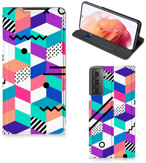 B2Ctelecom GSM Hoesje Gepersonaliseerd Cadeau Samsung Galaxy S21 Wallet Case Blokken Kleurrijke