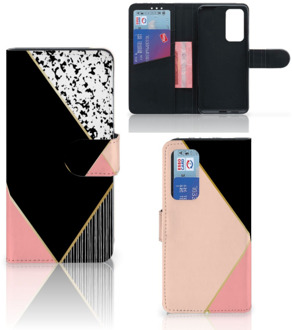 B2Ctelecom GSM Hoesje Huawei P40 Bookcase Black Pink Shapes