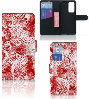 B2Ctelecom GSM Hoesje Huawei P40 Pro Book Style Case Angel Skull Red