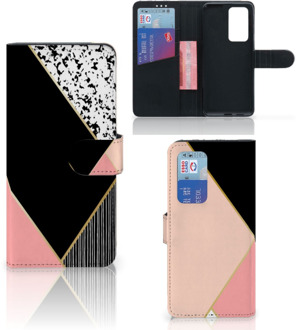 B2Ctelecom GSM Hoesje Huawei P40 Pro Bookcase Black Pink Shapes