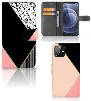 B2Ctelecom GSM Hoesje iPhone 12 | 12 Pro (6.1") Bookcase Black Pink Shapes