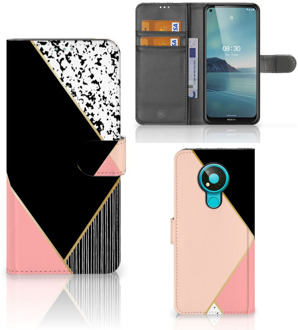 B2Ctelecom GSM Hoesje Nokia 3.4 Bookcase Black Pink Shapes