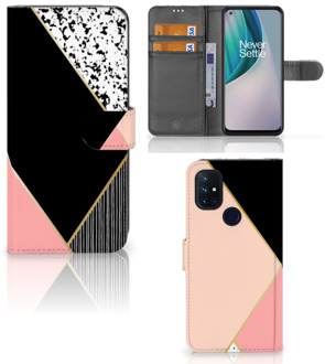 B2Ctelecom GSM Hoesje OnePlus Nord N10 Bookcase Black Pink Shapes