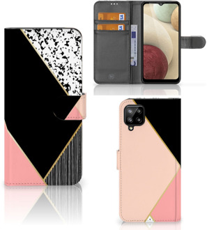 B2Ctelecom GSM Hoesje Samsung Galaxy A12 Bookcase Black Pink Shapes