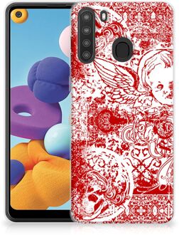 B2Ctelecom GSM Hoesje Samsung Galaxy A21 Back Case TPU Siliconen Hoesje Angel Skull Red