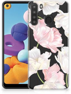 B2Ctelecom GSM Hoesje Samsung Galaxy A21 Back Case TPU Siliconen Hoesje Doorzichtig Mooie Bloemen