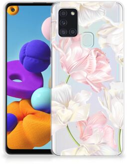 B2Ctelecom GSM Hoesje Samsung Galaxy A21s Back Case TPU Siliconen Hoesje Doorzichtig Mooie Bloemen