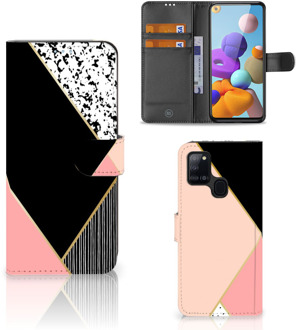 B2Ctelecom GSM Hoesje Samsung Galaxy A21s Bookcase Black Pink Shapes