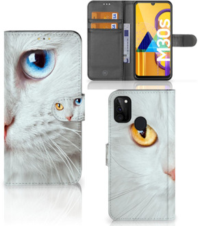 B2Ctelecom GSM Hoesje Samsung Galaxy M21 Bookcover Case Witte Kat