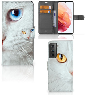 B2Ctelecom GSM Hoesje Samsung Galaxy S21 Bookcover Case Witte Kat