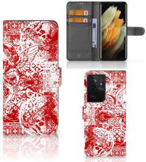 B2Ctelecom GSM Hoesje Samsung Galaxy S21 Ultra Book Style Case Angel Skull Red