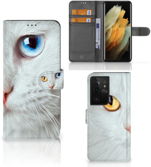 B2Ctelecom GSM Hoesje Samsung Galaxy S21 Ultra Bookcover Case Witte Kat