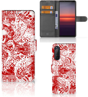 B2Ctelecom GSM Hoesje Sony Xperia 5II Book Style Case Angel Skull Red