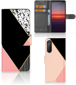 B2Ctelecom GSM Hoesje Sony Xperia 5II Bookcase Black Pink Shapes