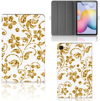 B2Ctelecom Hippe Hoes Samsung Galaxy Tab S6 Lite Tablet Hoes met Magneetsluiting Gouden Bloemen