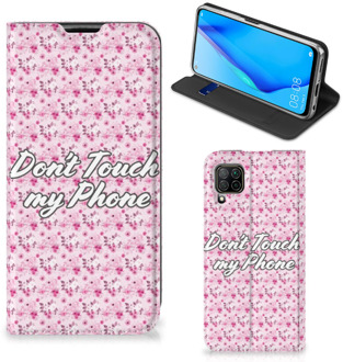 B2Ctelecom Hoesje Huawei P40 Lite Bookcase Flowers Pink Don't Touch My Phone