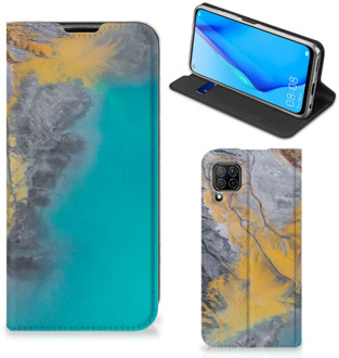 B2Ctelecom Hoesje Huawei P40 Lite Flip Case Marble Blue Gold