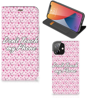 B2Ctelecom Hoesje iPhone 12 | iPhone 12 Pro Bookcase Flowers Pink Don't Touch My Phone