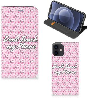 B2Ctelecom Hoesje iPhone 12 Mini Bookcase Flowers Pink Don't Touch My Phone