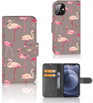 B2Ctelecom Hoesje met naam Apple iPhone 12 Mini Wallet Book Case Flamingo