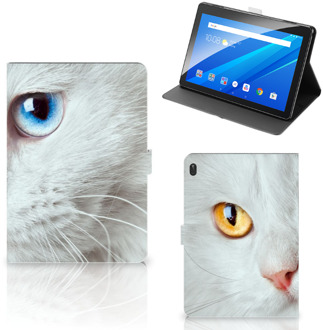 B2Ctelecom Hoesje met naam Lenovo Tab E10 Cover met Magneetsluiting Witte Kat