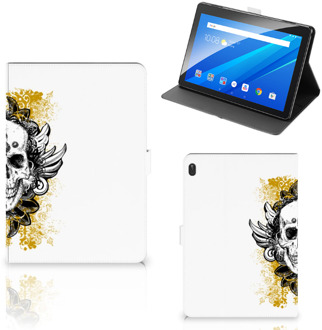 B2Ctelecom Hoesje met naam Lenovo Tab E10 Tablet Hoes met Magneetsluiting Skull Gold