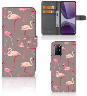 B2Ctelecom Hoesje met naam OnePlus 8T Wallet Book Case Flamingo