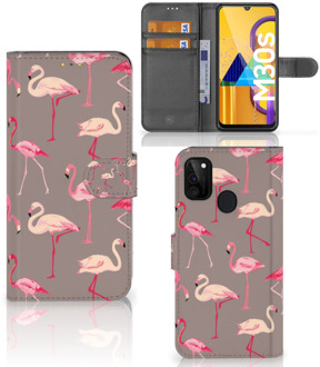 B2Ctelecom Hoesje met naam Samsung Galaxy M21 Wallet Case Flamingo