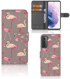 B2Ctelecom Hoesje met naam Samsung Galaxy S21 Plus Wallet Book Case Flamingo