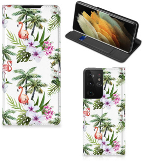 B2Ctelecom Hoesje met naam Samsung Galaxy S21 Ultra Telefoonhoesje Flamingo Palms