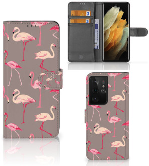 B2Ctelecom Hoesje met naam Samsung Galaxy S21 Ultra Wallet Book Case Flamingo