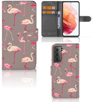 B2Ctelecom Hoesje met naam Samsung Galaxy S21 Wallet Book Case Flamingo