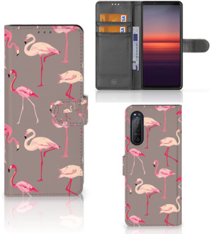 B2Ctelecom Hoesje met naam Sony Xperia 5II Wallet Book Case Flamingo