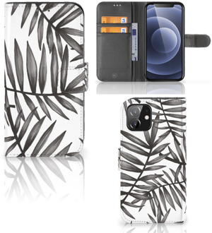 B2Ctelecom Hoesje met Tekst iPhone 12 | 12 Pro (6.1") Wallet Book Case Leaves Grey